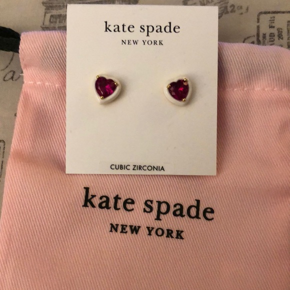 Kate Spade Sweetheart Heart Shaped Stud Earrings White Frame Red CZ Accent NWT - Picture 11 of 14
